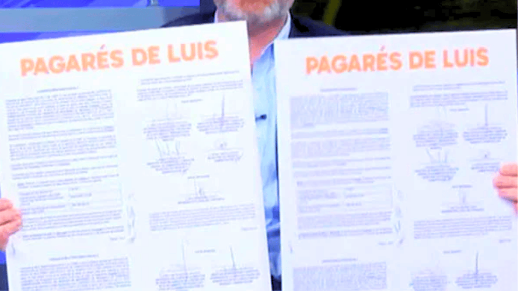 Two posters titled'PAGARES DE LUIS' held by a person, displaying blocks of text and diagrams on white pages with orange headings.
